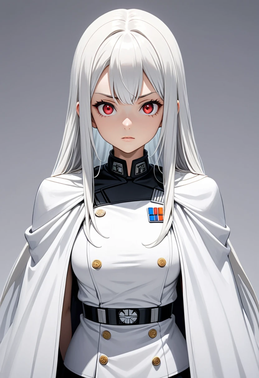 masterpiece,{{1girl}},white hair,red eyes,long hair,Star Wars Galactic Empire White Military uniform,standing,form,{{simple background}},{{white background}},standing pose,facing front,anime,upper body,face forcus,shoulder cloak,