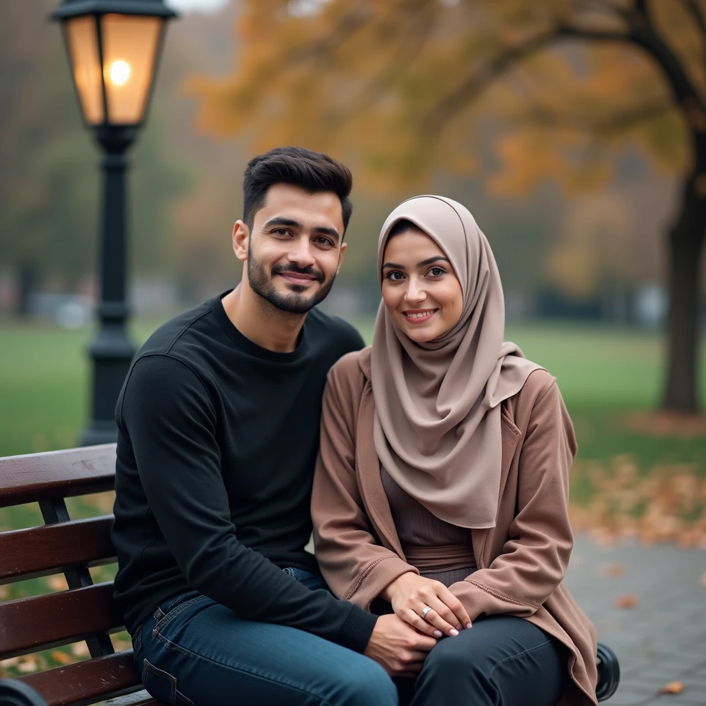 very high quality photo, a romantic scene, a woman wearing a hijab from Indonesia and a young man wearing glasses from Indonesia wearing a coat are playing on a swing in the garden, snow is falling, full body, realistic, cool and complicated visual effects, looks real and perfect, UHD 64K, very sweet