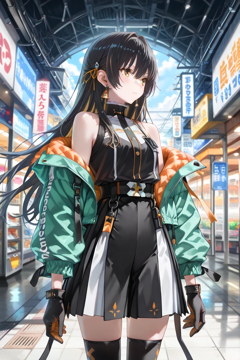 ((high_quality)), ((Super_Detailed)),(masterpiece:1.2), (best quality:1.2), (very aesthetic:1.2), (absurdres:1.2), (detailed background), (safe:1.4), wearing dress emerald, wearing emerald jacket, yellow eyes, black hair, newest, intricate details, Beautiful face, amazing, soft, colorful, yellow eyes,black hair, earrings, sleeveless, gloves, shorts, black thighhighs