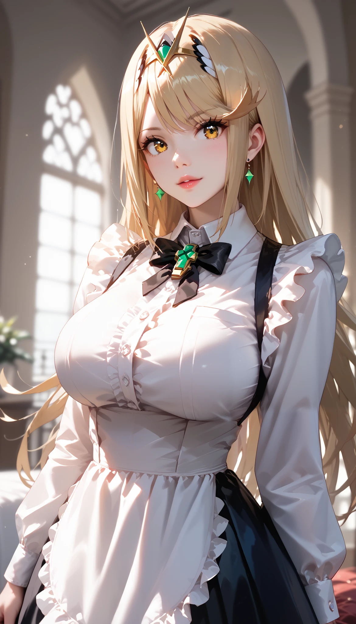 (masterpiece,highest quality,high resolution),mythra \(xenoblade\), 1girl, yellow eyes, swept bangs, long hair, very long hair, blonde hair、The maid dress completely covers the body, leaving the chest uncovered..、(Shiny pink long sleeve maid dress)、High neck shirt、Mermaid-style long skirt、Satin, (large breasts:1.5), BREAK 8K, RAW Photo, Best Quality, Masterpiece, Realistic, PhotoRealistic, Extremely Detailed 8K Wallpaper, Beautifully Detailed Eyes, Finely Detailed Face, POV Shot, BREAK High-Key Lighting, Professional Lighting, Bokeh:1.4
