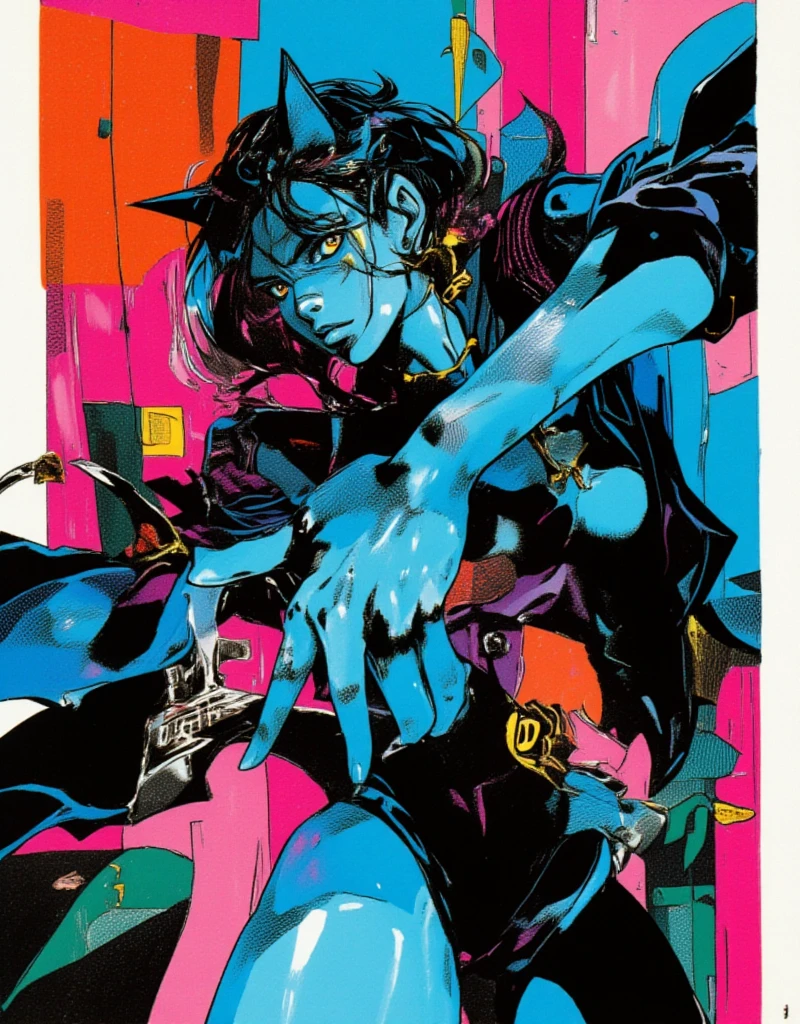 Cat-eared female model doing the JoJo pose, Cover your face with one hand, Both eyes can see, Full body JoJo pose, Female model wearing High Fashion, Cool face, high contrast graphic design art, debonair, Stylish Background, cool random colors, modern illustration, ksenia milicevic art, By Hirohiko Araki