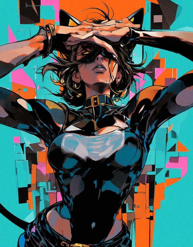 Cat-eared female model doing the JoJo pose, Cover your face with one hand, Both eyes can see, Full body JoJo pose, Female model wearing High Fashion, Cool face, high contrast graphic design art, debonair, Stylish Background, cool random colors, modern illustration, ksenia milicevic art, By Hirohiko Araki