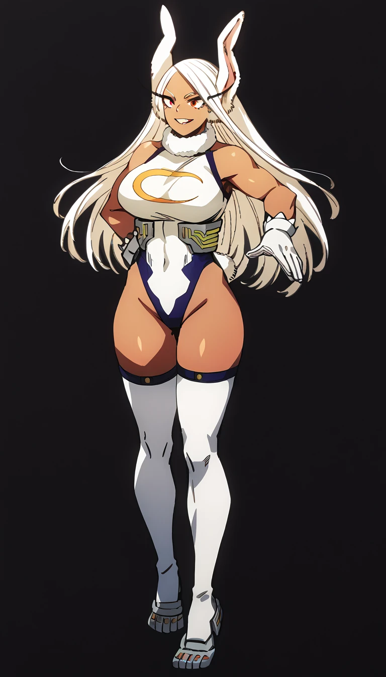 (parted lips:1.2), :1.2), full body, black background, simple background, rumi usagiyama, long hair, animal ears, white hair, dark skin, rabbit ears, dark-skinned female , rabbit girl, red eyes, parted bangs, thighhighs, gloves, sleeveless, white gloves, leotard, turtleneck, highleg, highleg leotard, fur collar, sleeveless turtleneck, turtleneck leotard, sleeveless turtleneck leotard, crescent print, happy, ((from back)), (((skinny)), big breasts