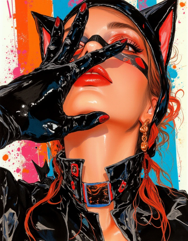 Cat-eared female model doing the JoJo pose, Cover your face with one hand, Both eyes can see, Full body JoJo pose, Female model wearing High Fashion, Cool face, high contrast graphic design art, debonair, Stylish Background, cool random colors, modern illustration, ksenia milicevic art, By Hirohiko Araki