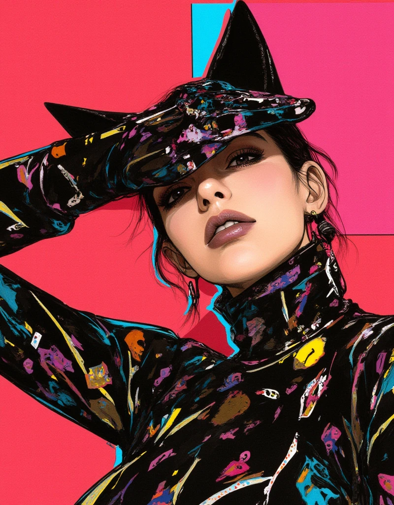 Cat-eared female model doing the JoJo pose, Cover your face with one hand, Both eyes can see, Full body JoJo pose, Female model wearing High Fashion, Cool face, high contrast graphic design art, debonair, Stylish Background, cool random colors, modern illustration, ksenia milicevic art, By Hirohiko Araki