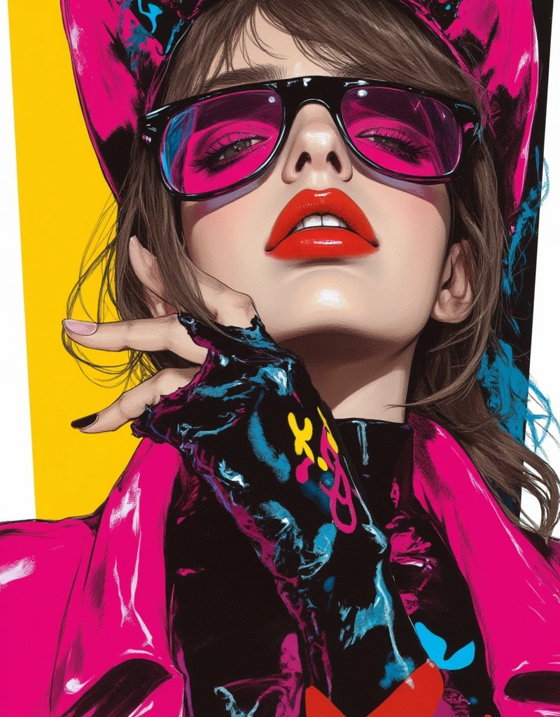 Cat-eared female model doing the JoJo pose, Cover your face with one hand, Both eyes can see, Full body JoJo pose, Female model wearing High Fashion, Cool face, high contrast graphic design art, debonair, Stylish Background, cool random colors, modern illustration, ksenia milicevic art, By Hirohiko Araki