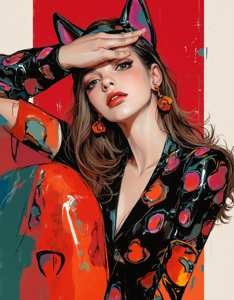 Cat-eared female model doing the JoJo pose, Cover your face with one hand, Both eyes can see, Full body JoJo pose, Female model wearing High Fashion, Cool face, high contrast graphic design art, debonair, Stylish Background, cool random colors, modern illustration, ksenia milicevic art, By Hirohiko Araki