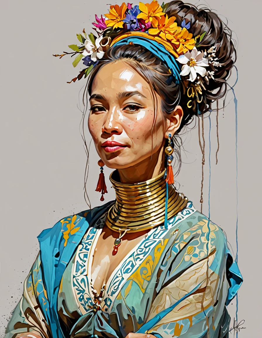 impressionist painting concept art for Linguvera
projects, The distinctive line work of Carne Griffiths and
infused with the bold textures of Wadim Kashin, evokes
the ethereal quality found in Carl Larsson's artwork,
incorporating dynamic elements à la Sean Conory,A beautiful
traditional dress of a Kayan woman from Myanmar, with silver
rings around her neck.
rendered in soft pastels, elegant shapes that create a
sense of drama through expert use of chiaroscuro,
loose brushwork, vibrant color, light and shadow play,
captures feeling over formSolo,