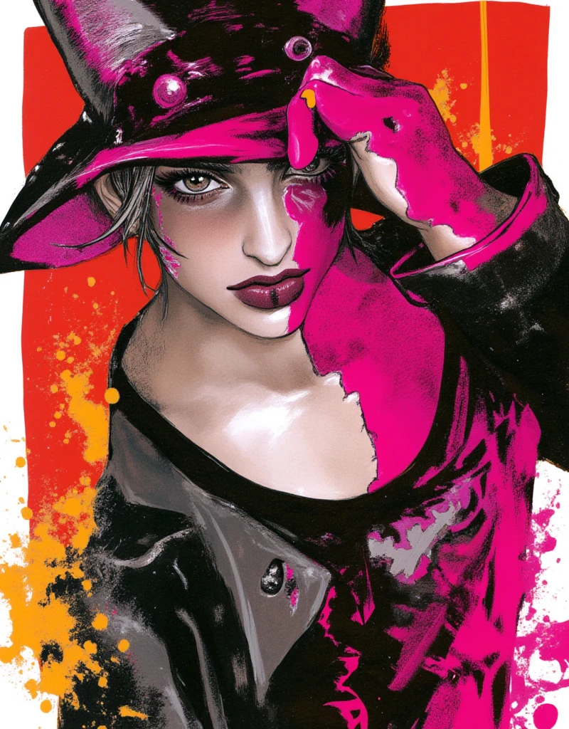 Cat-eared female model doing the JoJo pose, Cover your face with one hand, Both eyes can see, Full body JoJo pose, Female model wearing High Fashion, Cool face, high contrast graphic design art, debonair, Stylish Background, cool random colors, modern illustration, ksenia milicevic art, By Hirohiko Araki