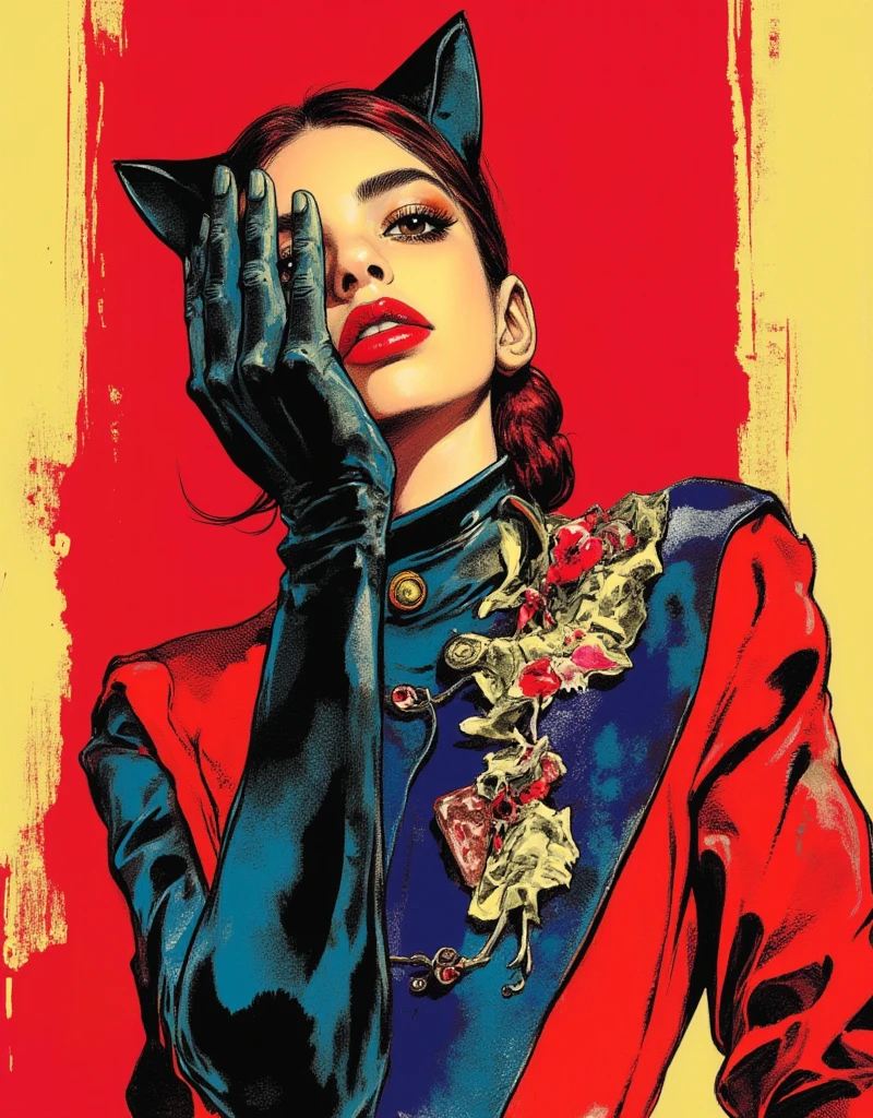 Cat-eared female model doing the JoJo pose, Cover your face with one hand, Both eyes can see, Full body JoJo pose, Female model wearing High Fashion, Cool face, high contrast graphic design art, debonair, Stylish Background, cool random colors, modern illustration, ksenia milicevic art, By Hirohiko Araki