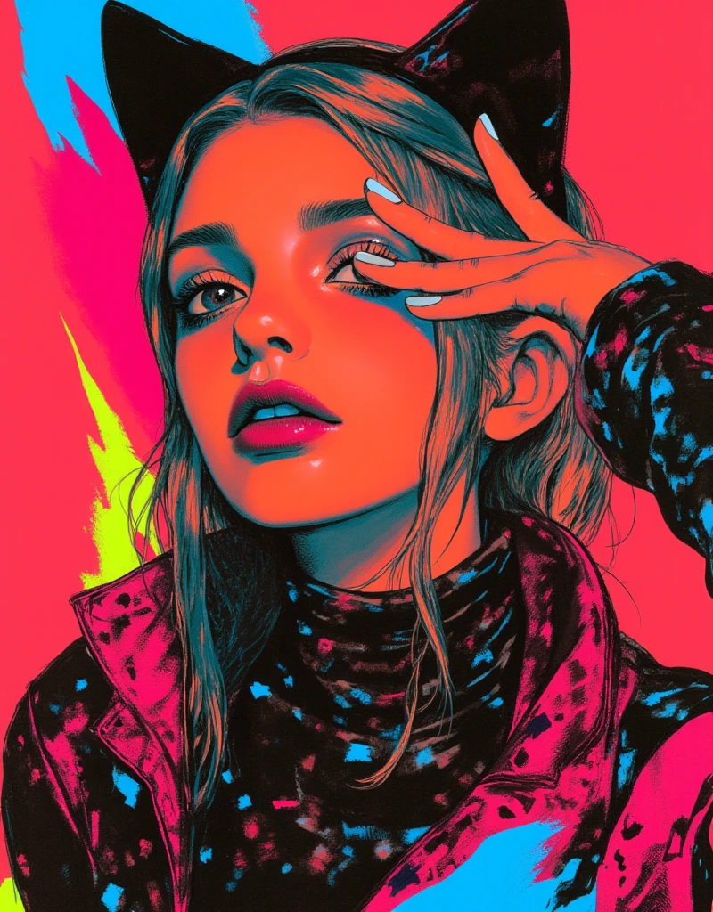 Cat-eared female model doing the JoJo pose, Cover your face with one hand, Both eyes can see, Full body JoJo pose, Female model wearing High Fashion, Cool face, high contrast graphic design art, debonair, Stylish Background, cool random colors, modern illustration, ksenia milicevic art, By Hirohiko Araki