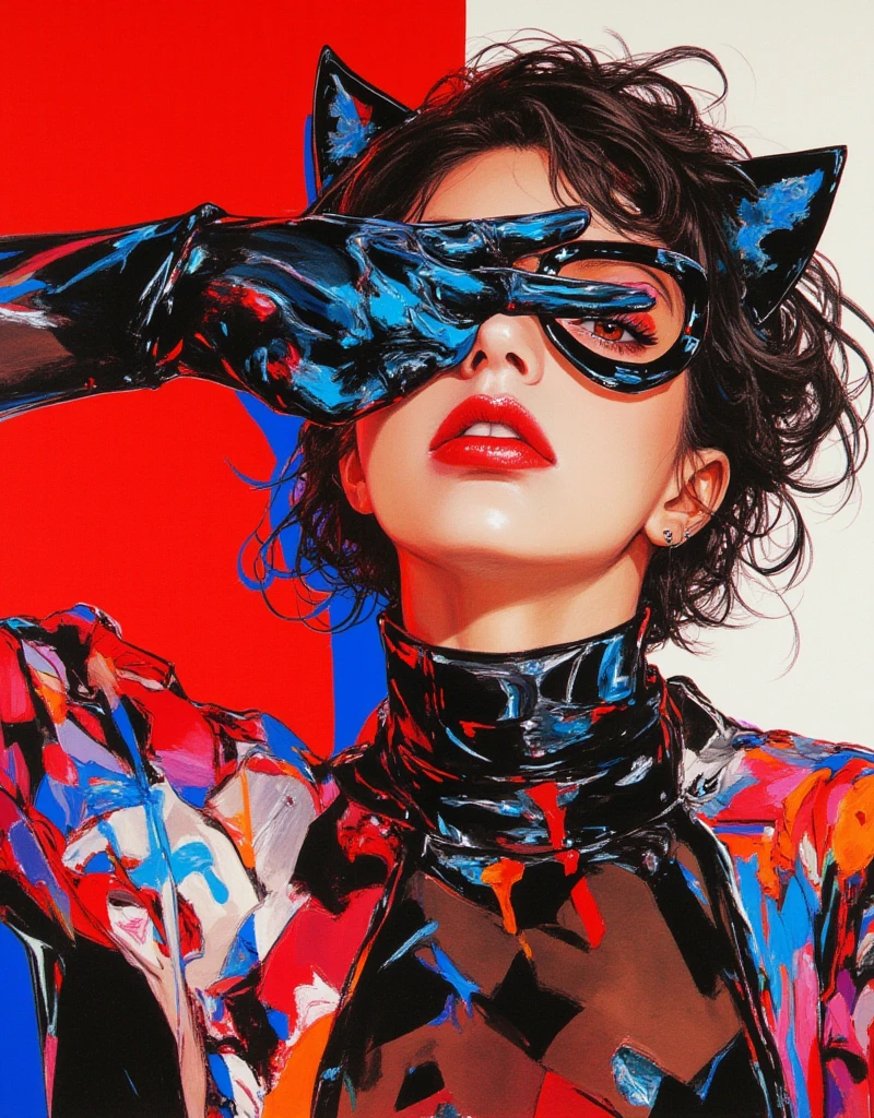 Cat-eared female model doing the JoJo pose, Cover your face with one hand, Both eyes can see, Full body JoJo pose, Female model wearing High Fashion, Cool face, high contrast graphic design art, debonair, Stylish Background, cool random colors, modern illustration, ksenia milicevic art, By Hirohiko Araki