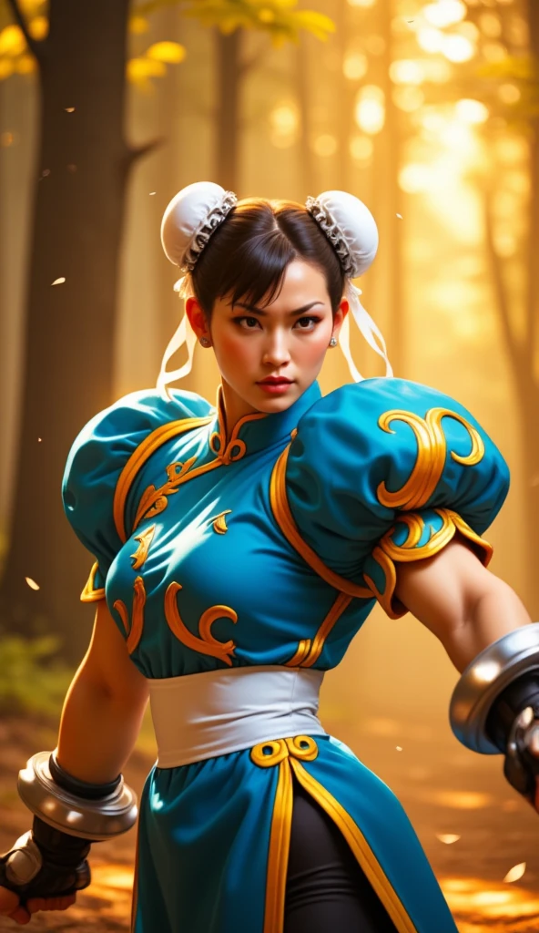 A full-body dynamic action pose of a female martial artist inspired by Chun-Li, with an elegant yet fierce expression. She is wearing a modernized blue and gold qipao dress with intricate embroidery, paired with advanced mecha arms glowing faintly with energy. Her hair is styled in iconic buns with metallic accents, reflecting her fusion of tradition and technology. The setting is a vibrant forest bathed in golden sunlight, with particles of light floating in the air, adding a cinematic glow to the scene. Focus on sharp details, intense motion, and a dramatic atmosphere.
