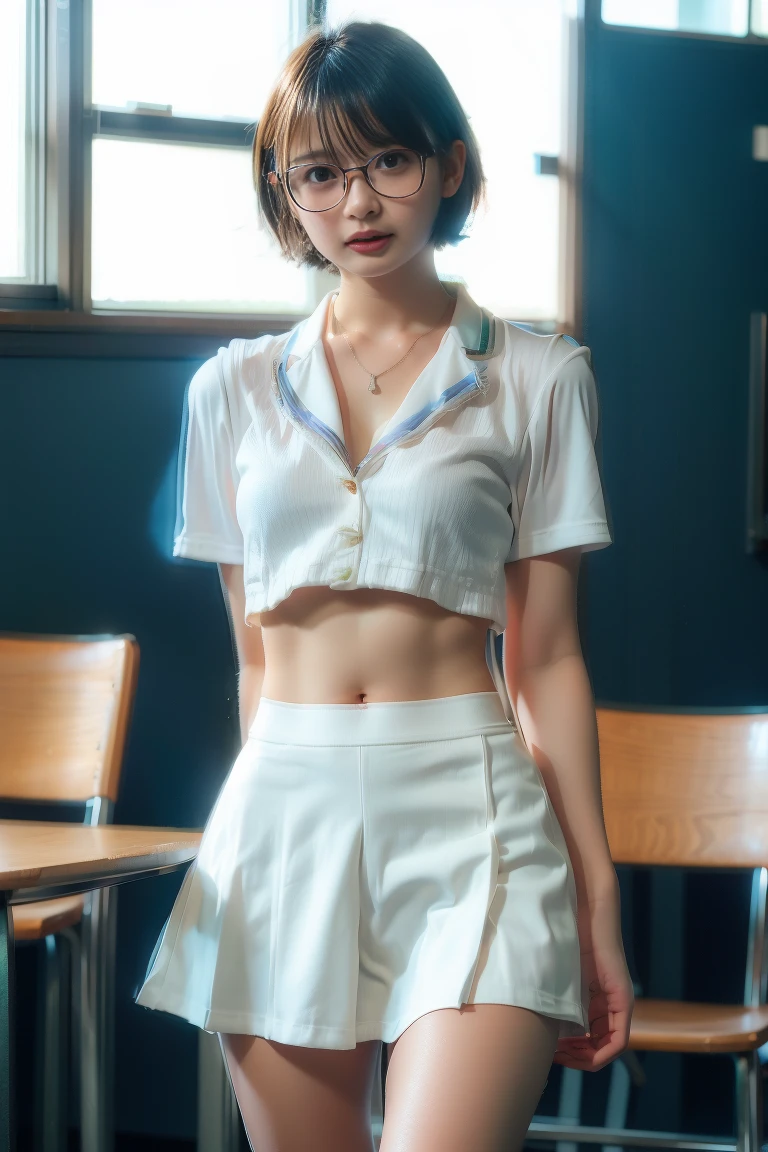 8K, Highest quality, masterpiece, Ultra-high resolution, (Realistic:1.4), whole body、RAW Photos, ((Long brown straight hair, See-through bangs))), Beautiful Details 1 Girl, (Realistic:1.4), High-resolution RAW color photos, Professional photos, Highly detailed eyes and face, Natural light, Facial details, White skin, Shiny skin, Tight waist, Small Ass, Thin legs,Natural Breasts, Nice body, Cafeteria counter、((White strapless shirt、Navy blue mini pleated skirt 、Wearing glasses))、Young round face、、Shooting from the side、Bare crotch