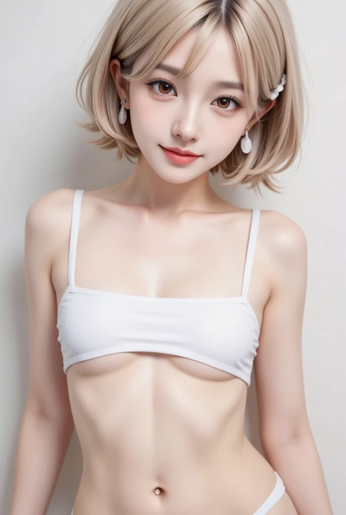 Albino girl with pale skin and eyes without pupils, tiene cabello color blanco, tiene un cuerpo musculoso 