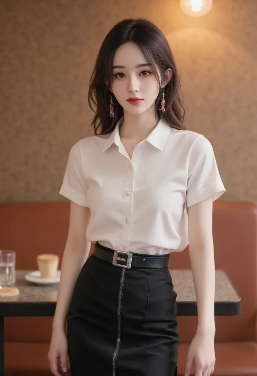  Beautiful Chinese Girl Named : Zhao Yang (Zhao Yang ) age: 18 YEARS OLD, MAHANNA IS A THAI MODEL WITH WHITE SKIN, A BALANCED AND NATURAL FIT HEEL. DRESS, WHITE COLLAR SHIRT WITH SHORT SLEEVES., belt,  sexy black pencil skirt ,  standing pose cafe casual 