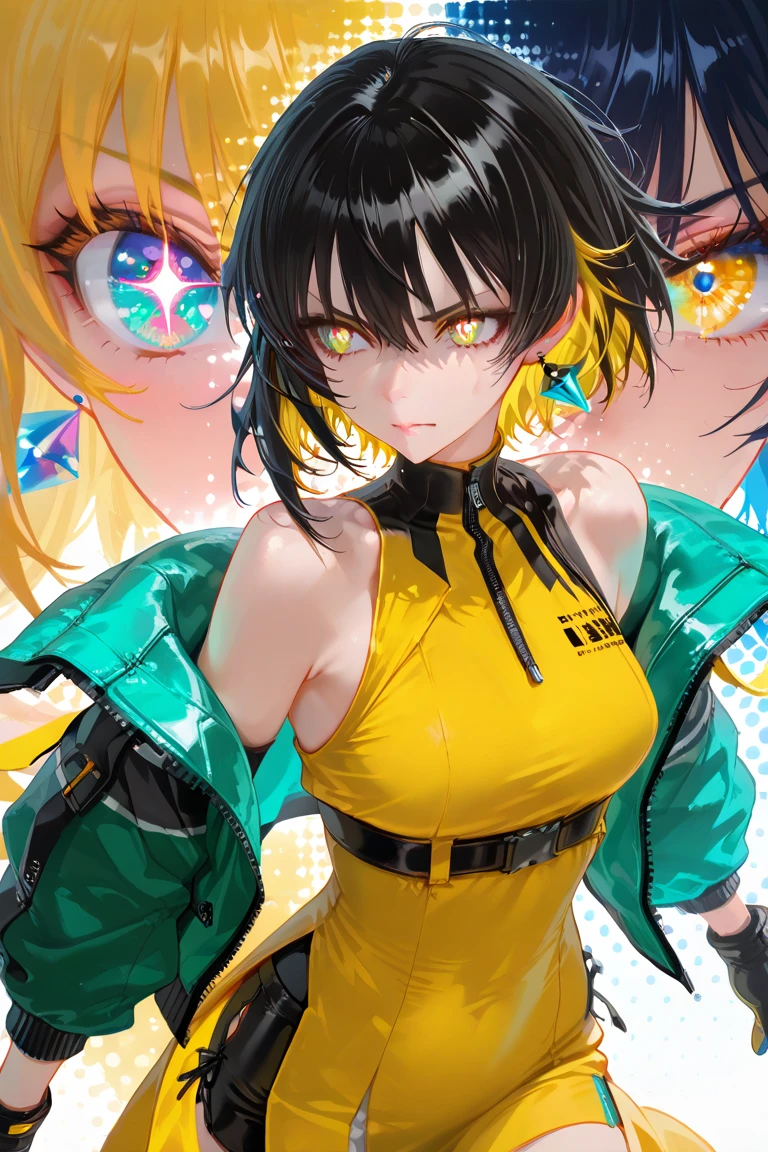 EyesHD:1.2), masterpiece, best quality, ultra-detailed, very aesthetic, sharp focus, yellow dress, wearing emerald jacket, yellow eyes, black hair, newest, intricate details, Beautiful face, amazing, soft, colorful, yellow eyes,black hair, earrings, sleeveless, gloves, shorts, Sparkling eyes, Glowing eyes, High-definition eyes, Ultra HD eyes, Super HD eyes, Hyper-realistic eyes, Crystal-clear eyes, (beautiful detailed eyes), Textured eyes, Defined eyes, Colorful eyes, Bright eyes, Stylistic eyes, stunning eyes, Cinematic eyes