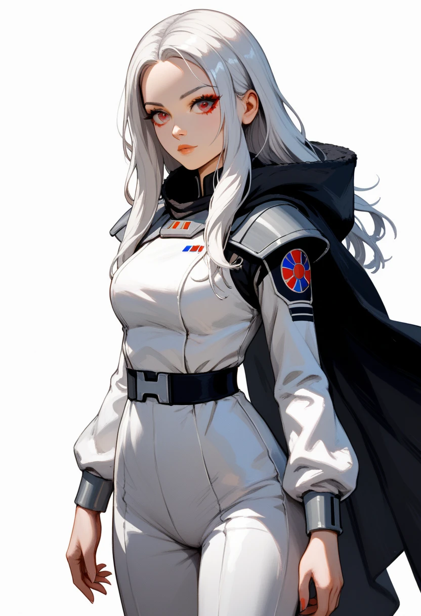 masterpiece,{{1girl}},white hair,red eyes,long hair,Star Wars Galactic Empire White Military uniform,standing,form,{{simple background}},{{white background}},standing pose,facing front,anime,upper body,face forcus,shoulder cloak,