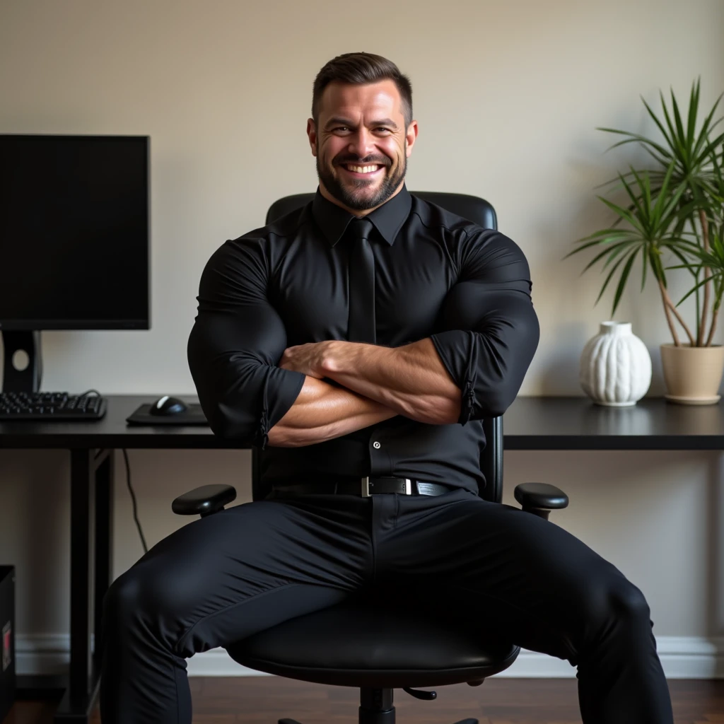 The image is a high-resolution photograph featuring a muscular, Caucasian man with a well-groomed beard and short, neatly combed hair. He is seated on a black cushioned chair in a modern office or home workspace. He is dressed in a black, long-sleeved button-up shirt with the sleeves rolled up to his elbows, and a black tie. His arms are crossed over his chest, his legs spread wide, and he has a confident, slightly smug expression on his face. His physique is well-defined, with visible muscles in his arms and chest. The background includes a sleek, modern black desk with a minimalist design. On the left side of the desk, there is a large, black computer monitor, and on the right side, there is a small, white potted plant with green, long, thin leaves. The desk also has a few other decorative items, including a small, white ceramic vase with a single flower in it. The room has a neutral color palette, with light beige walls and a dark hardwood floor. The overall atmosphere of the image is professional yet slightly casual, suggesting a blend of work and personal space.