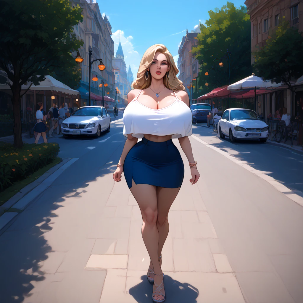 (best quality), (masterpiece), 1 girl, early 20's, huge heavy breasts, thick, thick lips, wide hips, thin waist, crop top overhang, midriff, overhanging shirt, crop top, white camisole, skirt, walking on sidewalk, streetlights 