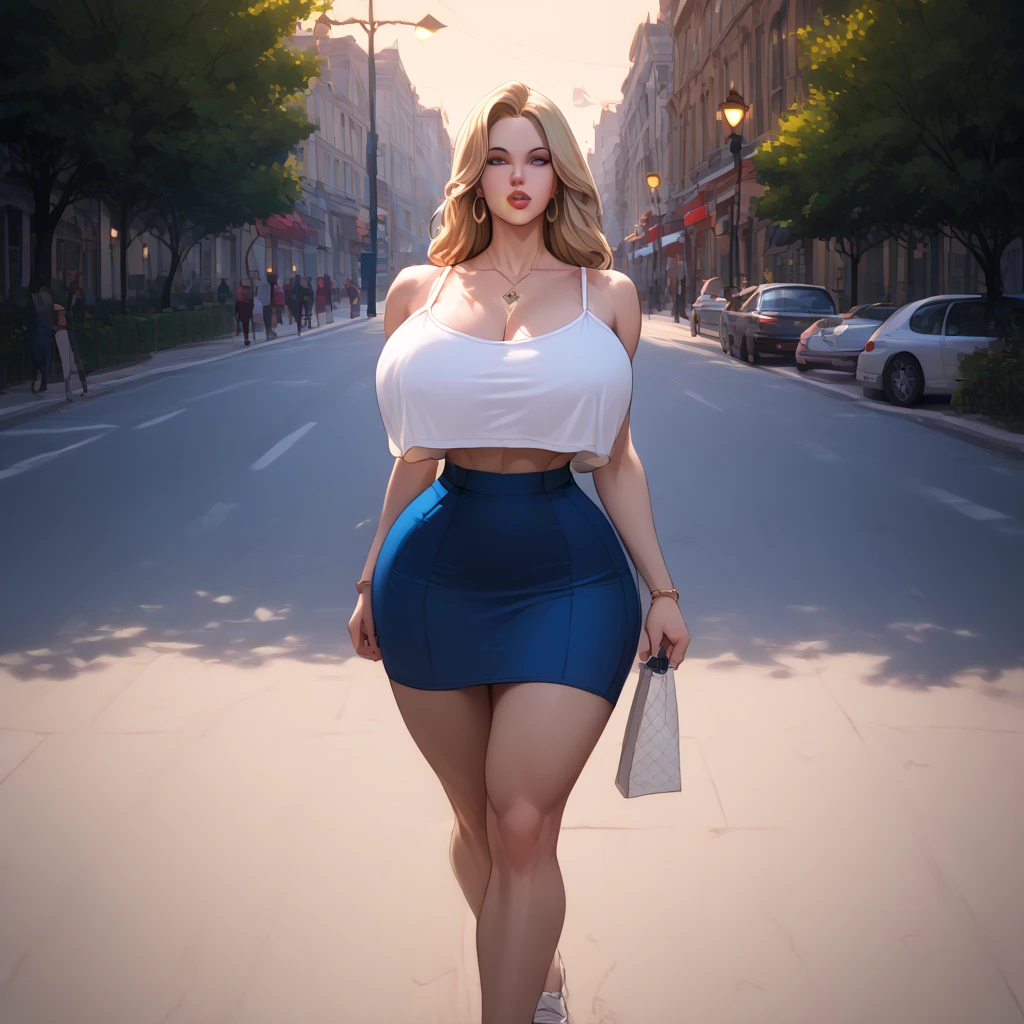 (best quality), (masterpiece), 1 girl, early 20's, huge heavy breasts, thick, thick lips, wide hips, thin waist, crop top overhang, midriff, overhanging shirt, crop top, white camisole, skirt, walking on sidewalk, streetlights 