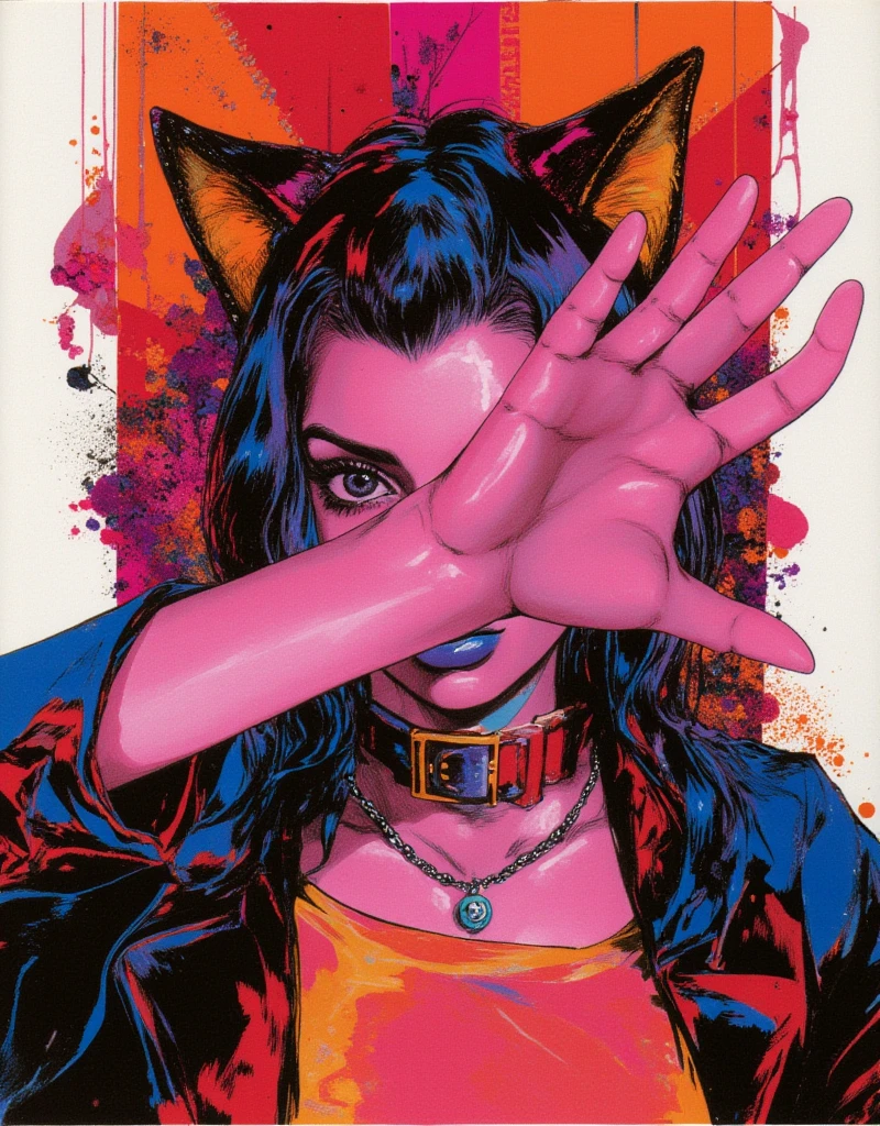 Cat-eared female model doing the JoJo pose, Cover your face with one hand, Both eyes can see, Full body JoJo pose, Female model wearing High Fashion, Cool face, whole body, high contrast graphic design art, debonair, Stylish Background, cool random colors, modern illustration, ksenia milicevic art, By Hirohiko Araki