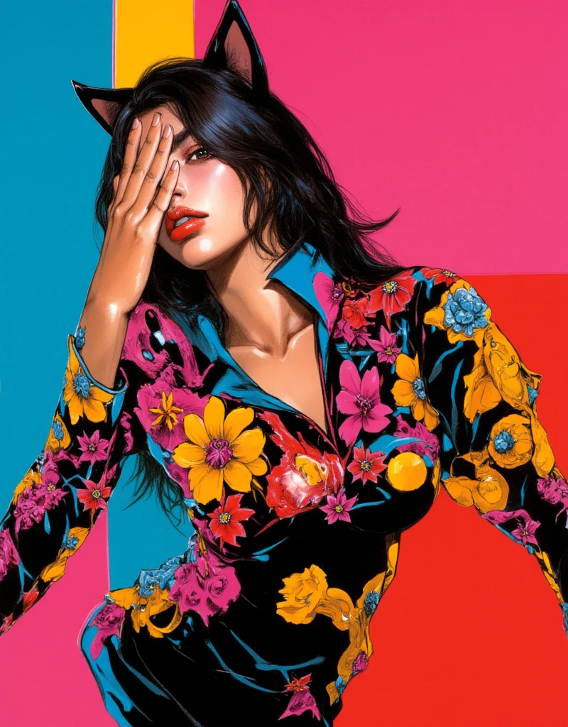 Cat-eared female model doing the JoJo pose, Cover your face with one hand, Both eyes can see, Full body JoJo pose, Female model wearing High Fashion, Cool face, whole body, high contrast graphic design art, debonair, Stylish Background, cool random colors, modern illustration, ksenia milicevic art, By Hirohiko Araki