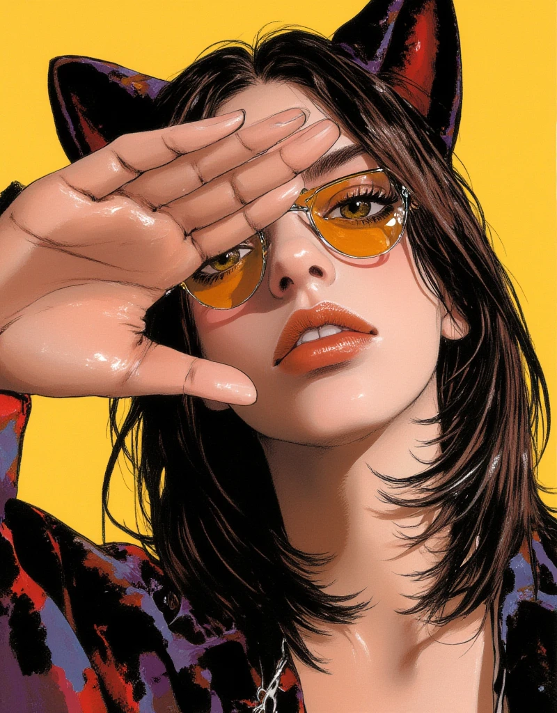 Cat-eared female model doing the JoJo pose, Cover your face with one hand, Both eyes can see, Full body JoJo pose, Female model wearing High Fashion, Cool face, whole body, high contrast graphic design art, debonair, Stylish Background, cool random colors, modern illustration, ksenia milicevic art, By Hirohiko Araki