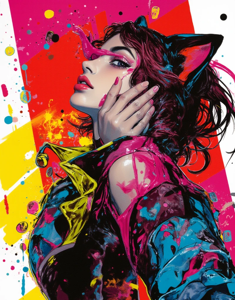 Cat-eared female model doing the JoJo pose, Cover your face with one hand, Both eyes can see, Full body JoJo pose, Female model wearing High Fashion, Cool face, whole body, high contrast graphic design art, debonair, Stylish Background, cool random colors, modern illustration, ksenia milicevic art, By Hirohiko Araki