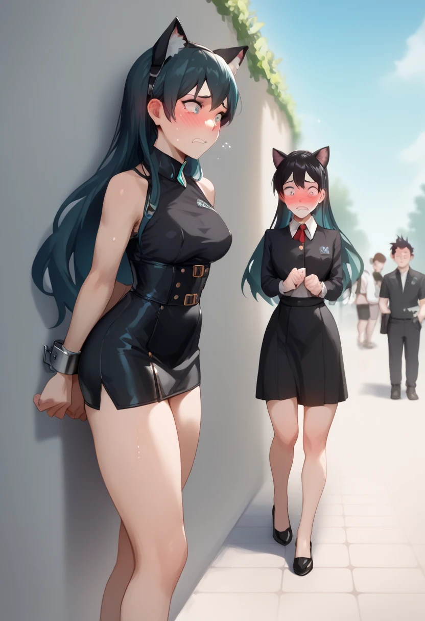 Member of shadow garden,delta, perfect anatomy, small waist,black dress, long hair ,black hair, cat ears,fluffy tail,worried look on delta face,blush, delta get caught by person,delta hand's were restrained above her head, delta one leg is lifted, delta and man having sex,with clothes on,(clothes on)