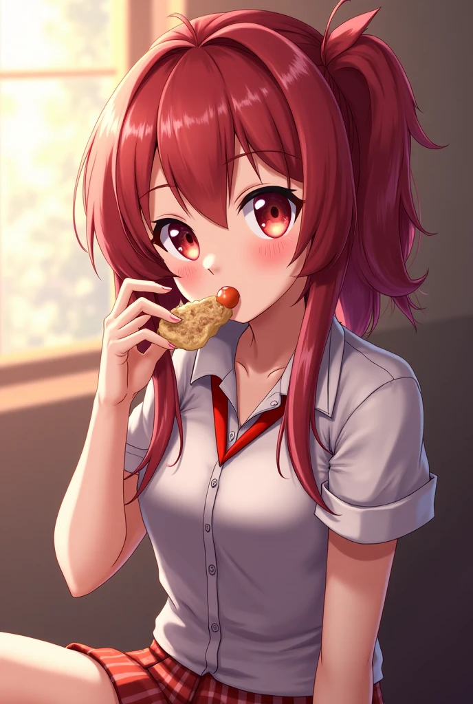 アヘface、front、Upper body、shirt and tie、Bulging breasts、face、Rose colored hair、medium long hair、hair braided back、It looks like a ponytail、amber yellow eyes、落ち着いたface、sharp eyes、blowjob、Sucking a dick、face面射精、massive 、