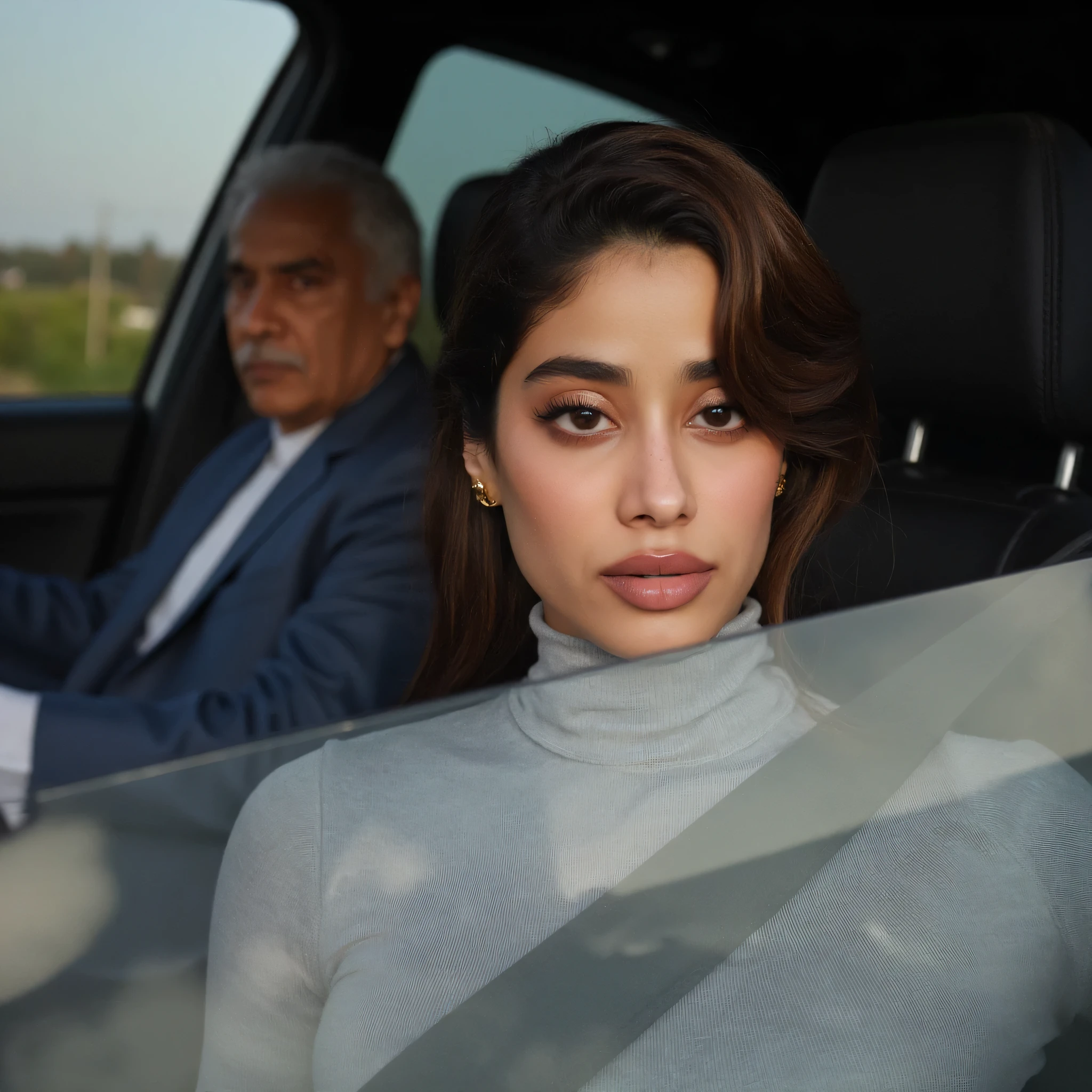 Janhvi kapoor, indian actress, brown eyes, beautiful face, supermodel face, amazing eyes, (taking a selfie), (an old asian dude driving the car), (grey turtleneck sweater, tight sweater), (glossy wet lips, shiny pink lips), realistic image, photoshoot, enhanced details, sitting in a car seat,