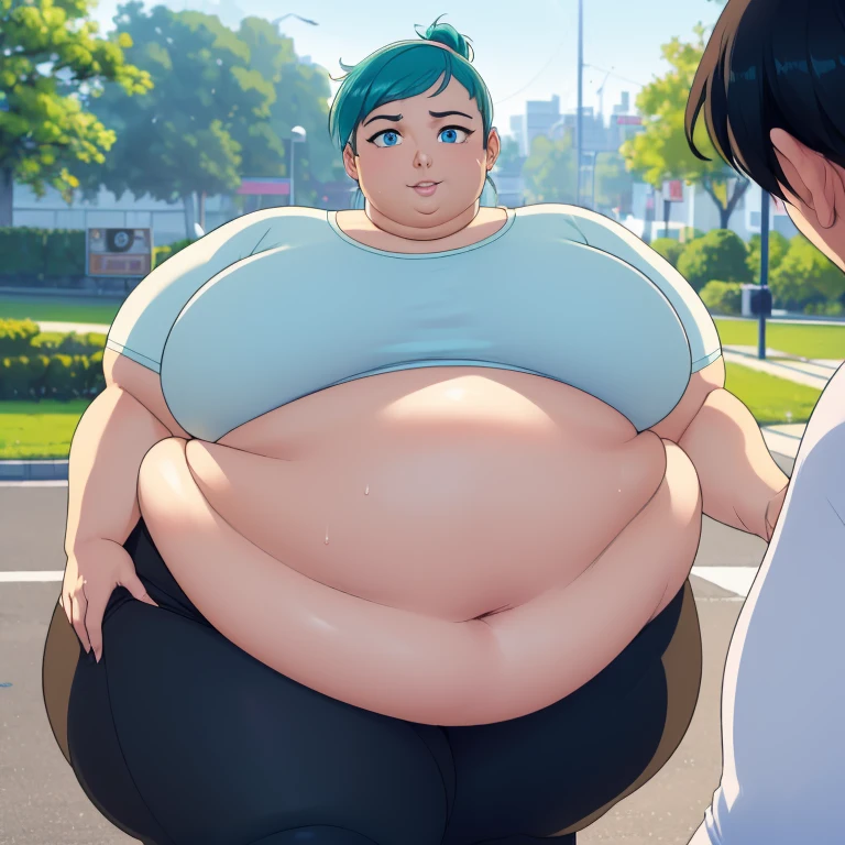 Videl, 1girl, short hair, spiked hair,  blue eyes,  fingerless gloves, bike shorts,  outdoors, open field, trees, rocks, solo, masterpiece, best quality, purple shirt, white shirt,  highly detailed, 8k, fat, chubby, obese, gigantic arms and legs 