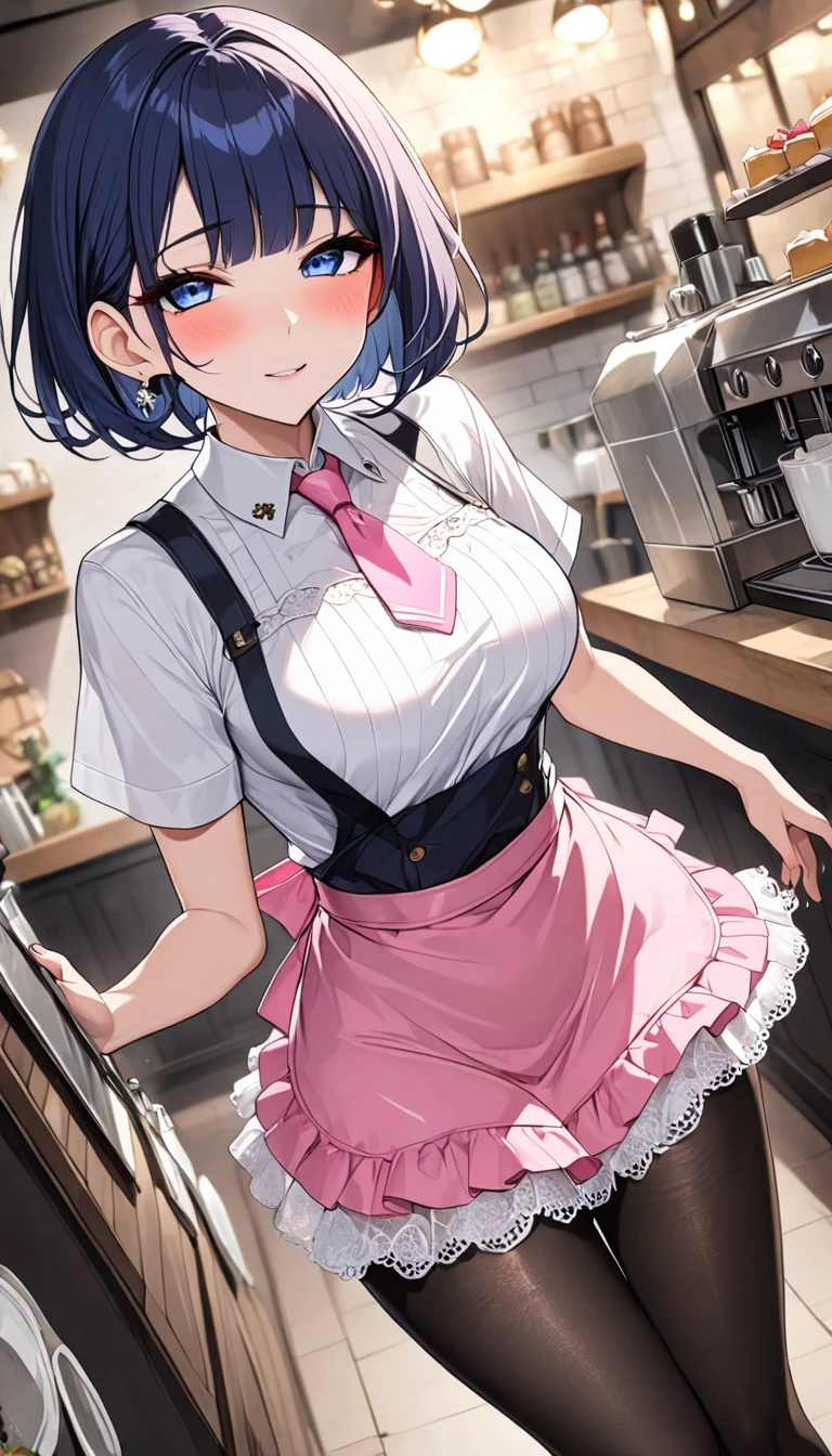 masterpiece, hightquality, 8K, beautiful lighting, 1girl in, 独奏, Akane, (one length bob:1.3),(darkblue hair:1.3), Smile with open mouth, Standing, blue bowtie, White shirt, Short sleeves, Blue skirt, Blue apron, Gingham Apron, employee uniform, high waist skirt, woman samurai, Open kitchen, cowboy shot, looking at the viewers, ,Big breasts emphasis、Naughty thighs、shiny oily skin with high contrast,Too large breasts, huge long breasts, Naughty big,爆乳、Bursting chest、huge-breasted、pointed breast、red blush、(Skirt lift:1.3), (White lace panties:1.3)、(Skirt that rolls up:1.3)、(Fully exposed panties:1.5)、resturant