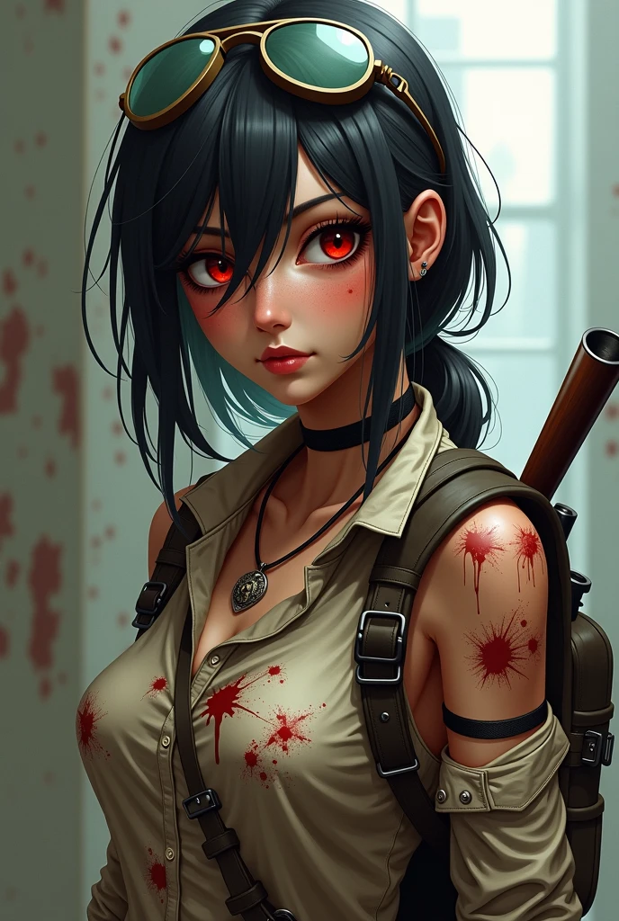 girl holding an ax, (blood:1.4), [pink:black:5] hair, crazy smile, pink realistic eye, crazy eye, (eye patch:0.9)