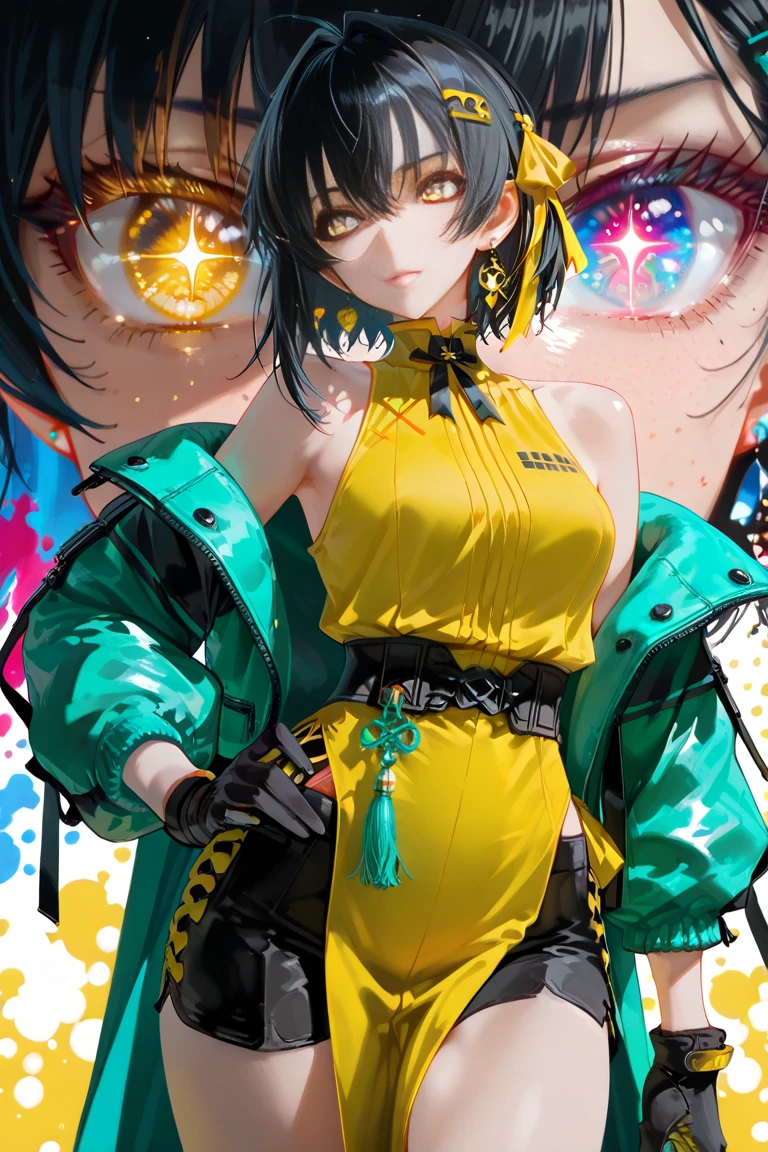 EyesHD:1.2), masterpiece, best quality, ultra-detailed, very aesthetic, sharp focus, yellow dress, wearing emerald jacket, yellow eyes, black hair, newest, intricate details, Beautiful face, amazing, soft, colorful, yellow eyes,black hair, earrings, sleeveless, gloves, shorts, Sparkling eyes, Glowing eyes, High-definition eyes, Ultra HD eyes, Super HD eyes, Hyper-realistic eyes, Crystal-clear eyes, (beautiful detailed eyes), Textured eyes, Defined eyes, Colorful eyes, Bright eyes, Stylistic eyes, stunning eyes, Cinematic eyes