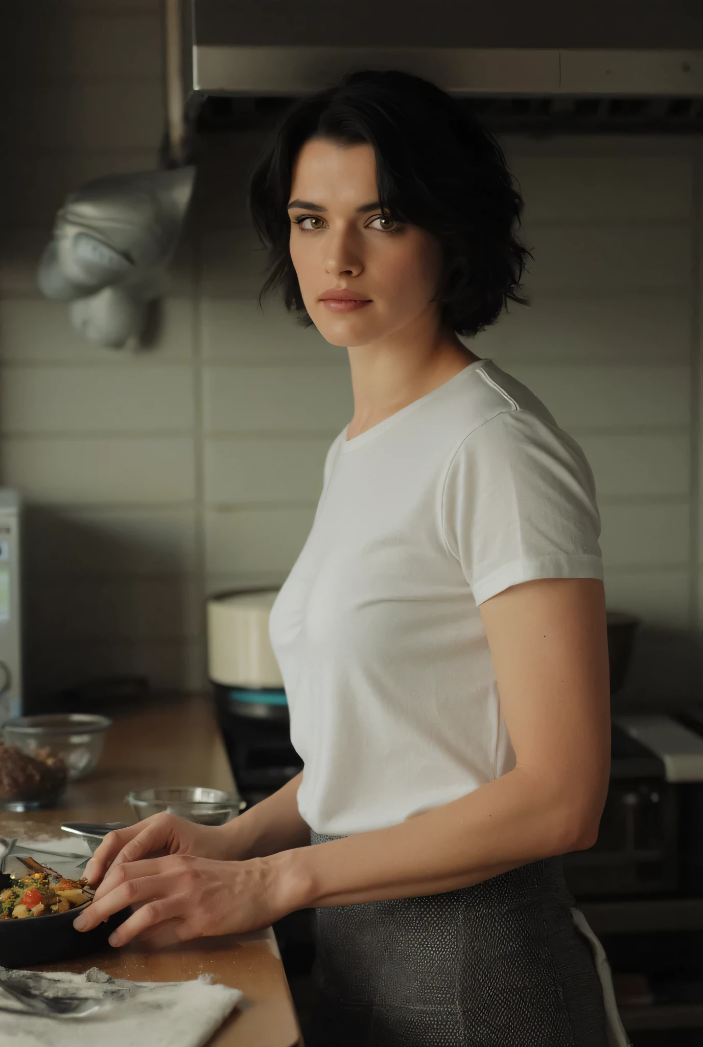 Rachel weisz, short black hair, cute actress, brown eyes, beautiful face, supermodel face, amazing eyes, (white t-shirt, grey pencil skirt), inside a kitchen, cooking food, realistic image, photoshoot, enhanced details, standing straight