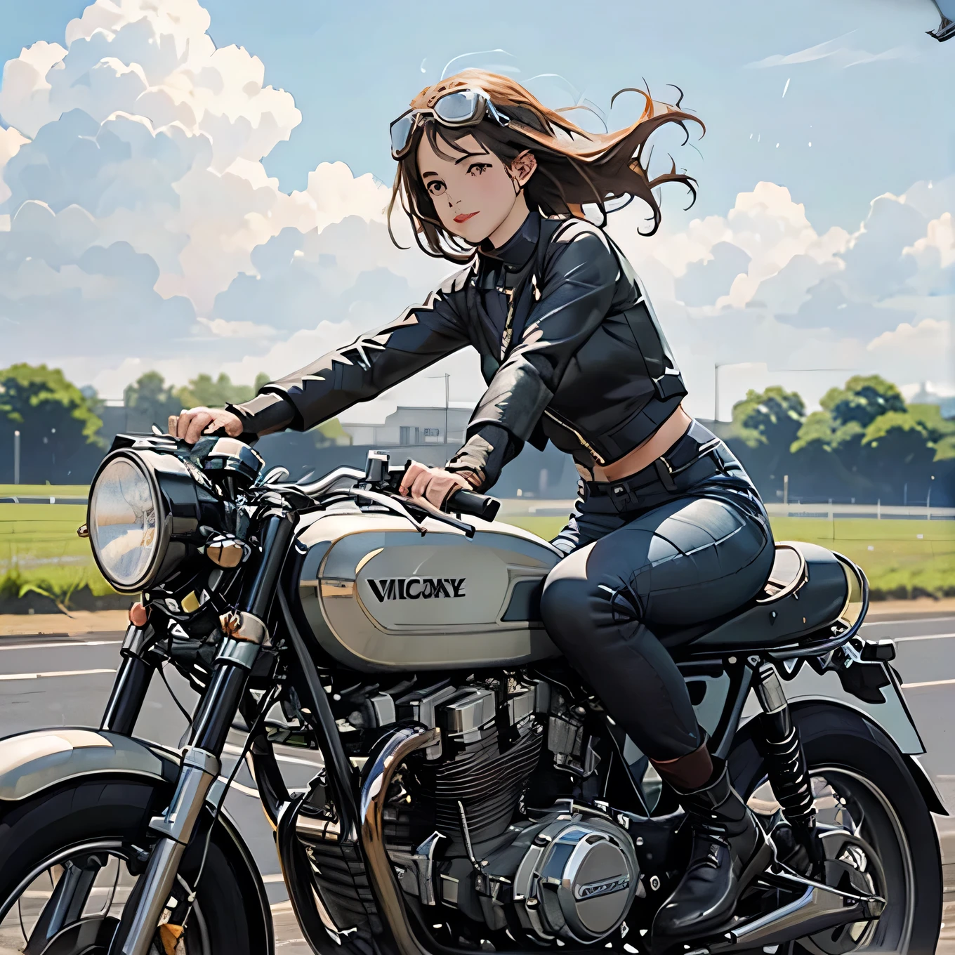 Vintage Bikes、victory、Isle of Man Races、(A young female rider speeds along on a motorcycle)、Leather jumper、Cromwell helmet with goggles、After the Rain、English countryside、