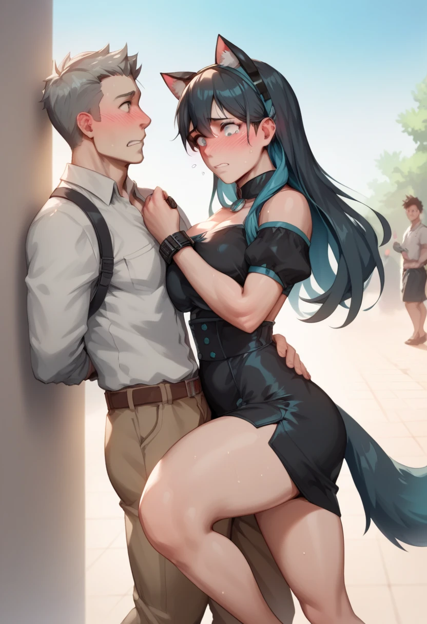 Member of shadow garden,delta, perfect anatomy, small waist,black dress, long hair ,black hair, cat ears,fluffy tail,worried look on delta face,blush, delta get caught by person,delta hand's were restrained above her head, delta one leg is lifted, delta and man having sex,with clothes on,(clothes on)