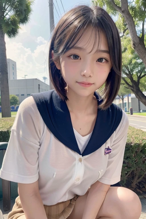 ((highest quality, 8K, masterpiece :1.3)), 1 Innocent Girl:1.3, (short hair,sailor suit,beautiful breasts :1.2), super mini skirt, super detailed face, fine eyes, double eyelid,whole body,cute face,(Sitting on stone steps),(realistic face),(realistic skin),smart body,hips are facing forward,Half Japanese and half European
