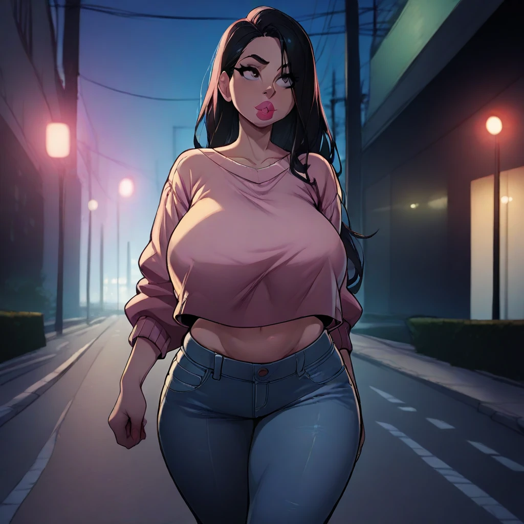 (best quality), (masterpiece), 1 girl, early 20's, huge heavy breasts, thick, thick lips, wide hips, thin waist, crop top overhang, midriff, overhanging shirt, crop top, sweater, jeans, walking on sidewalk, streetlights 