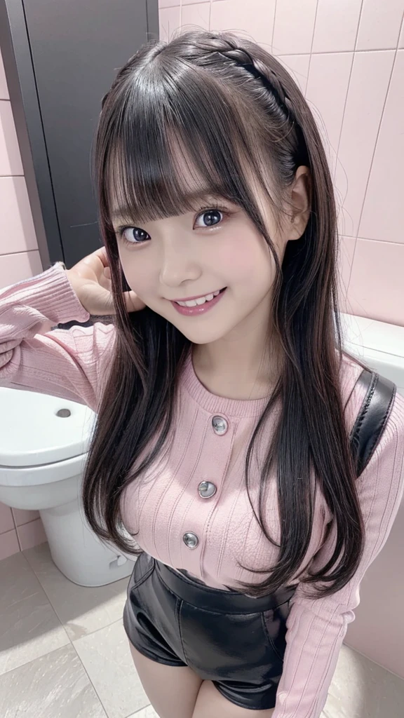 (((pink long sleeve knit, short pants(leather)))),((((black long hair, bangs)))), ((junior face)), ((standing)),Japanese、(((grin face, scornful eves:1.2)))、((((Round face))))、(big cheeks)、((Cute Face))、((small junior)),(((Japanese idol)))、((dark skin)), (((background:bright toilet room))),  Ultra High Definition,  high image quality model,  retina,  top quality, High resolution、 high image quality model,  retina,  top quality, High resolution、high resolution、in 8K,Highly detailed eyes and face、超High resolution, High resolution、high resolution、in 8K