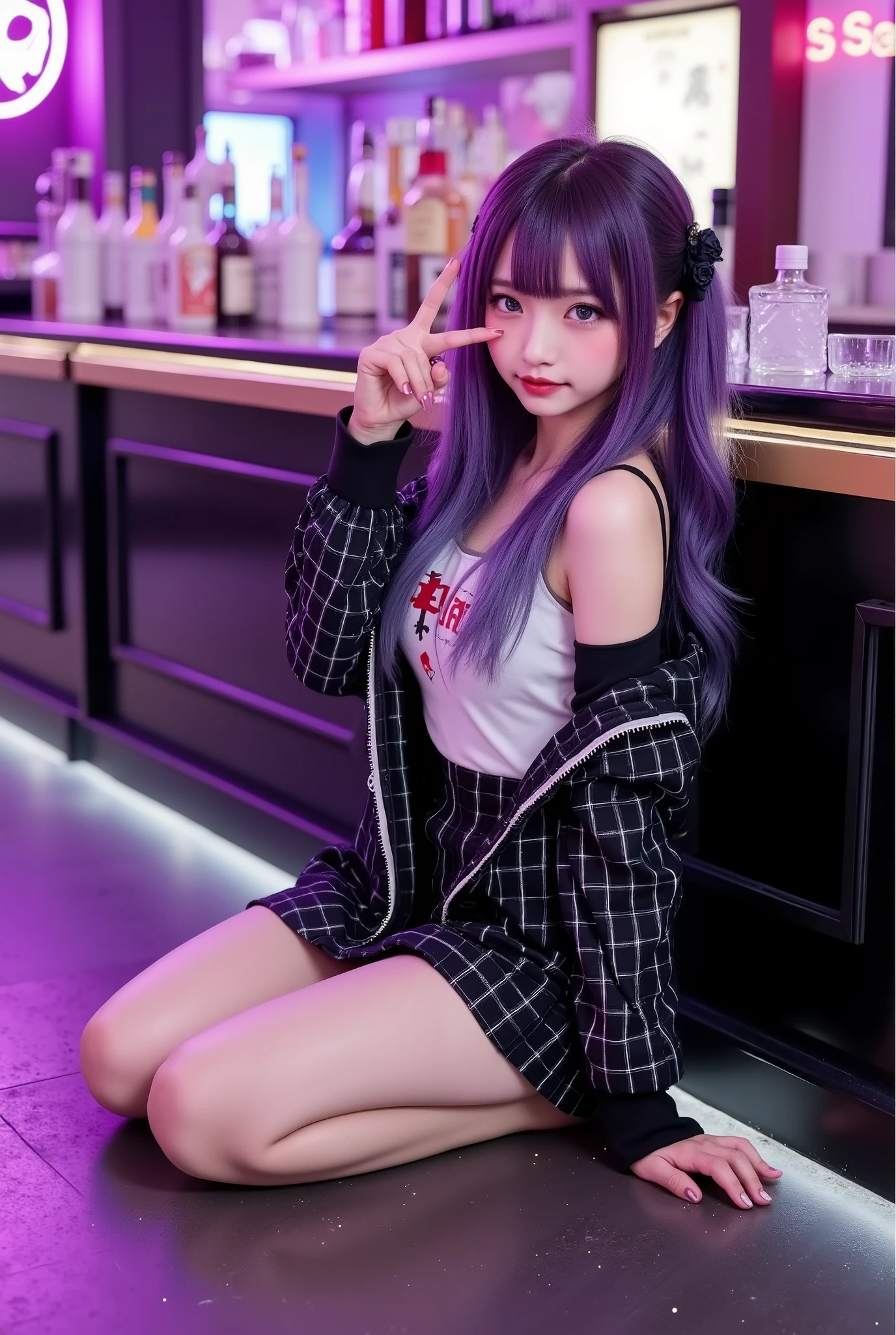 photo realistic,1girl\(sitting on the ground, full body, purple hair with gradient streaks of blue and silver,side twin tail, detailed face with glowing violet eyes, making a playful finger-framing gesture around her eye, Jiraikei_Fashion_Flux, natural pose with slightly tilted head, serene expression with a gentle smile, flowing hair strands illuminated softly by diffused lighting\),sitting in a stylish underground bar, dimly lit with warm neon signs casting a soft glow, polished black and gold counter with elegant barstools, colorful cocktail glasses and vintage bottles lined up on shelves behind her, faint haze of smoke adding mystery, vibrant purple and pink lights reflecting off metallic surfaces, faint sparkle of glitter scattered across the floor, glowing fairy lights draped along the walls, ultra-detailed textures, cinematic lighting, ray tracing effects, 8k resolution, masterful composition