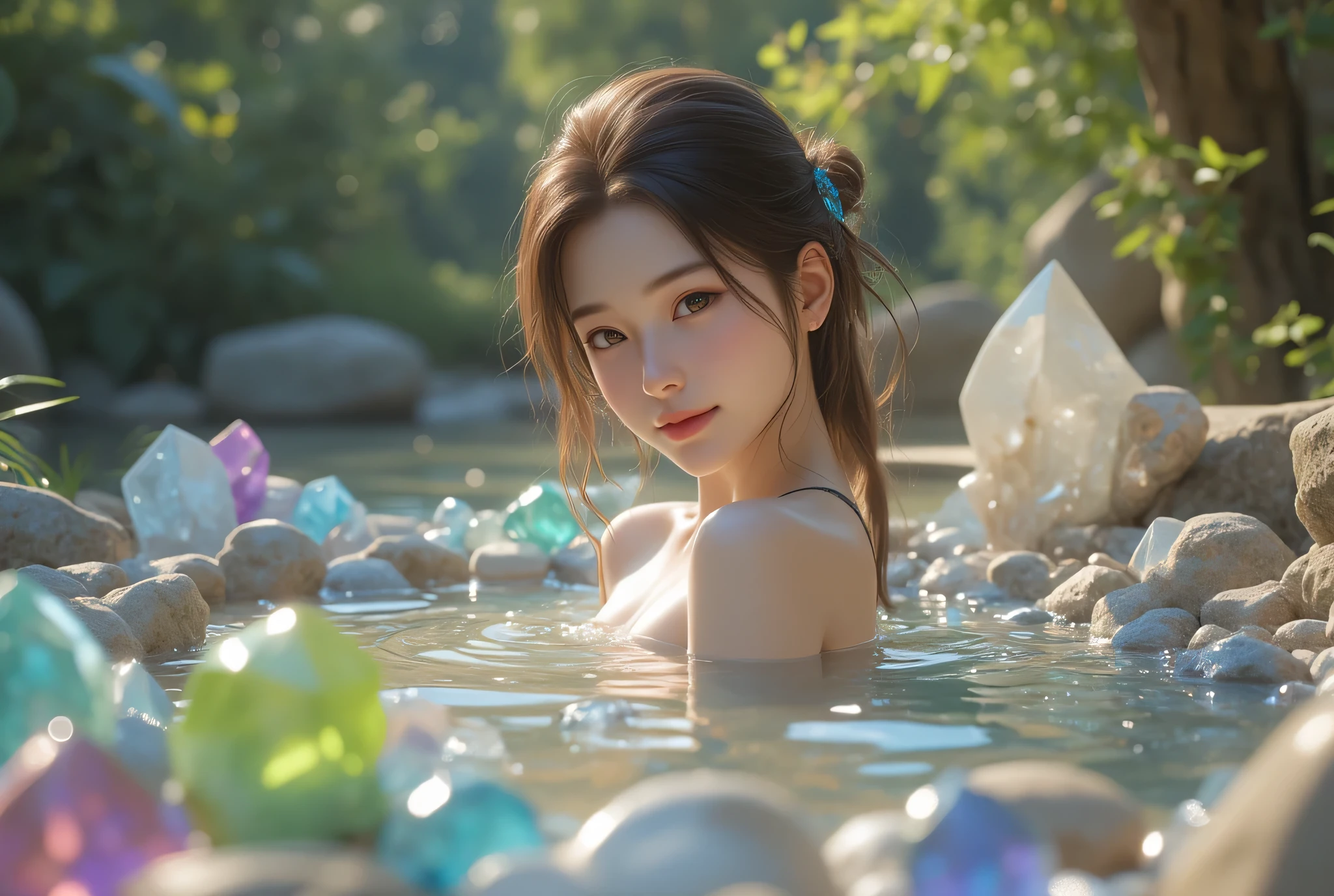 (best quality), ((masterpiece)), (high resolution), A beautiful woman is taking a hot spring bath，Maximum chest，Maximum chest下垂，