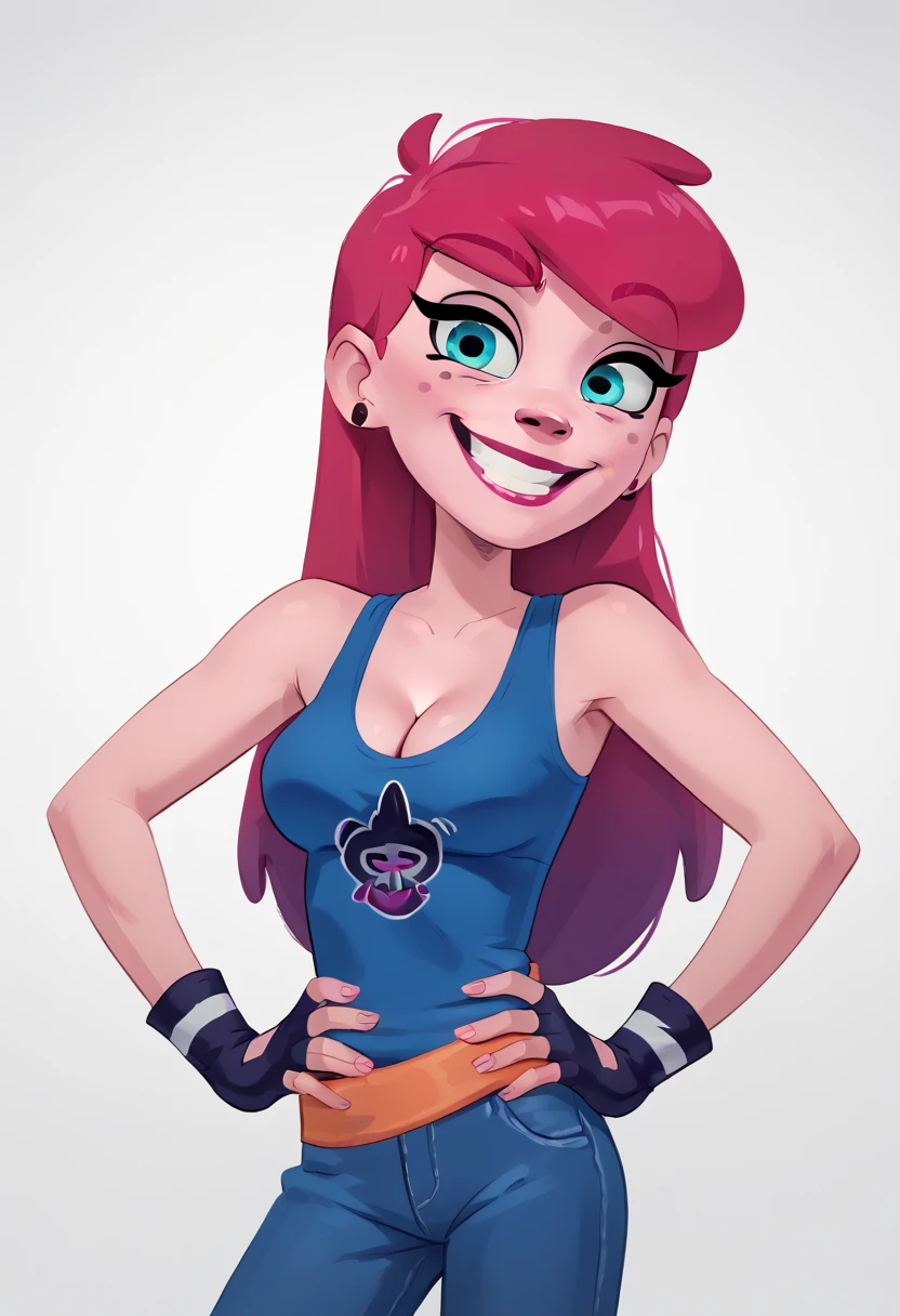 AnyMalu, 1girl, gloves, solo, earrings, fingerless gloves, blue eyes, pink hair, jewelry, long hair, makeup, pants,smile, standing, black gloves,hands on own hips,  upper body, sleeveless, looking at viewer,shorts,simple background, cleavage,, score_9, score_8_up, score_7_up, score_6_up  zPDXLxxx 