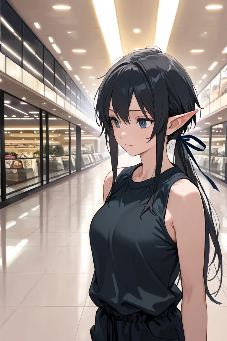 1girl, Masterpiece, Long Hair, Sidelocks, Black Hair, Long Pointy Ears, Light Smile, F/16, Hair Ribbon, tomboy style clothes, (mall), zoom out, looking from afar