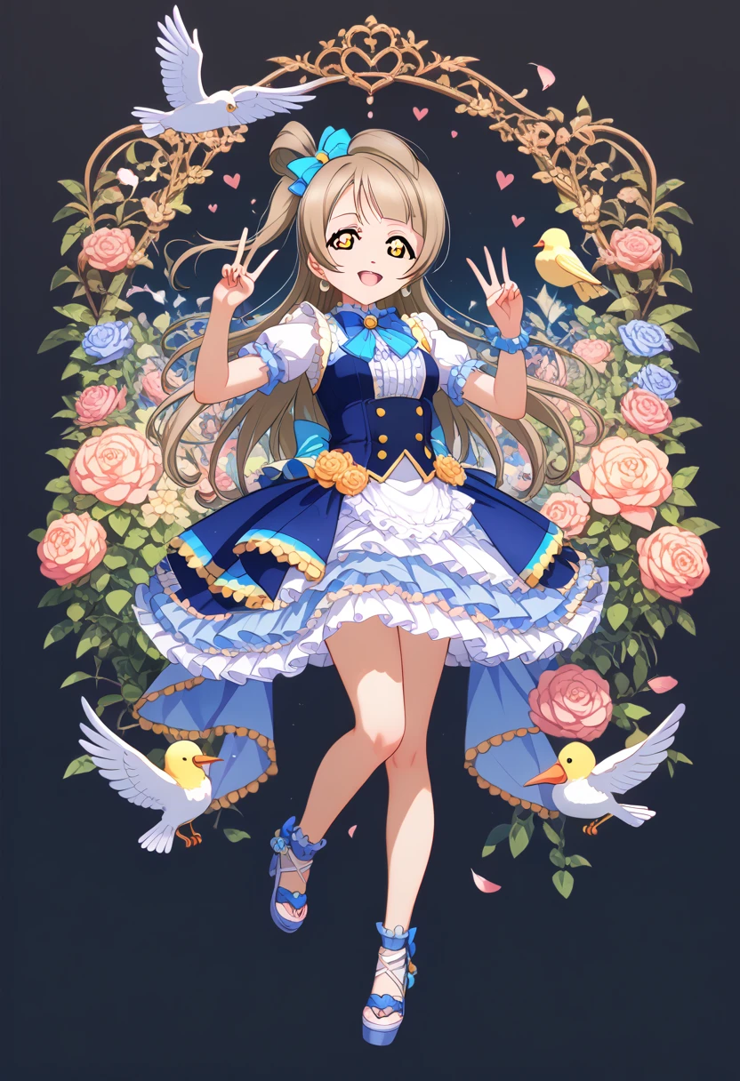 {{love live! school idol project, love live!, minami kotori,yellow eyes,light brown hair, many hearts and birds idol costume, double peace, straight-on, full body, intricate, hyper-detailed, 100-layer, amazing quality, excellent, {{{{ultra-high resolution}}}}, {{{hi-vision anime}}}}, anatomy, 8k wallpaper , extremely detailed CG unity 8k wallpaper, masterpiece, best quality, extremely detailed CG , super fine illustration , ultra detailed, (ultra detailed illustration:1.4), perfect body balance composition