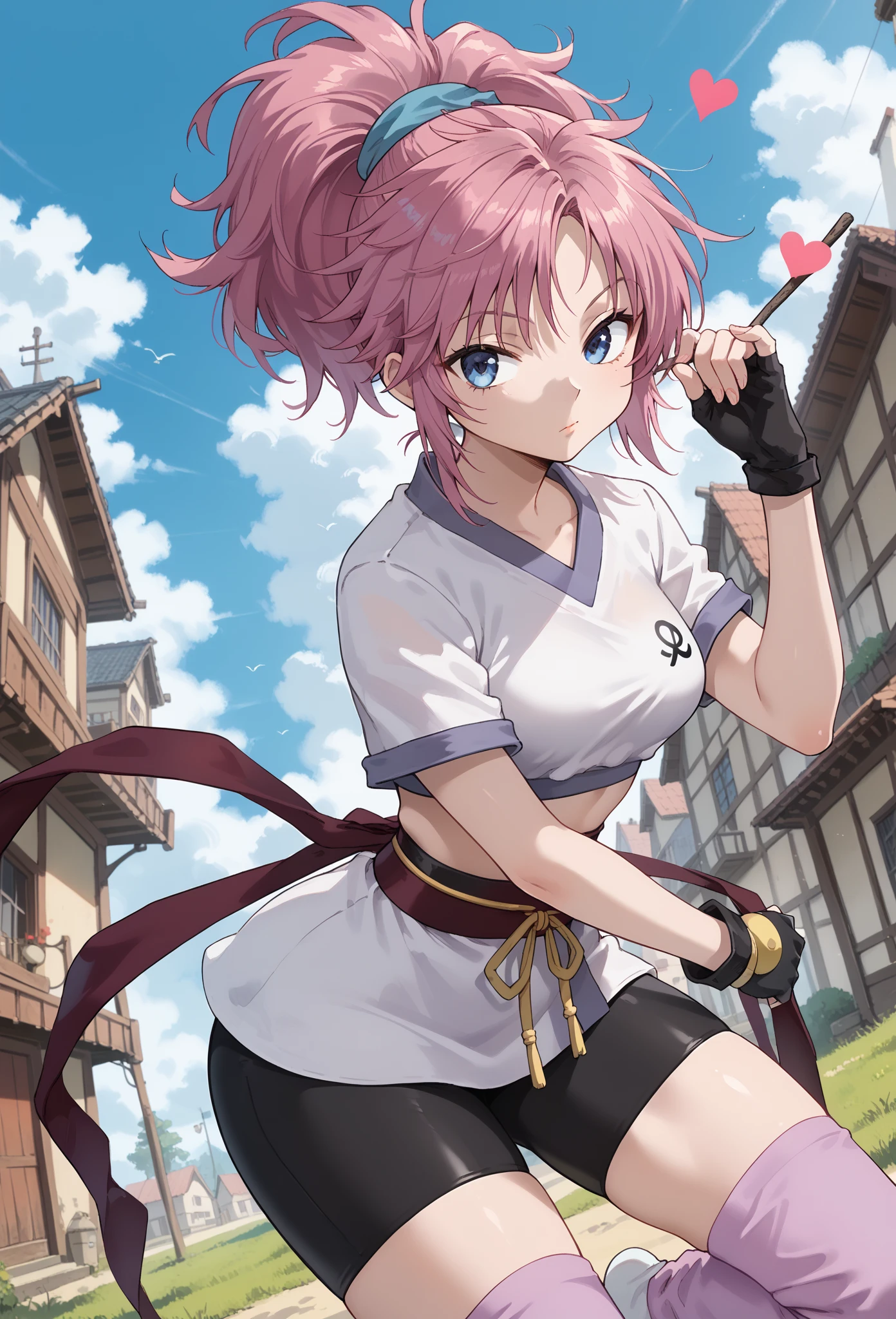 score_9,score_8_ up,score_7_ up,score_6_ up, Source_Anime, Dutch angle , 1 girl, medium breasts,Town 01 ,  blue eyes,  ponytail,  pink hair,  purple hair, Portrait,  ponytail,,  gloves, fingerless  gloves,  Bike Shorts,Ninja,band,heart,  pink purple socks ,or, In the woods,Sports bra,Stick your finger in your nostril