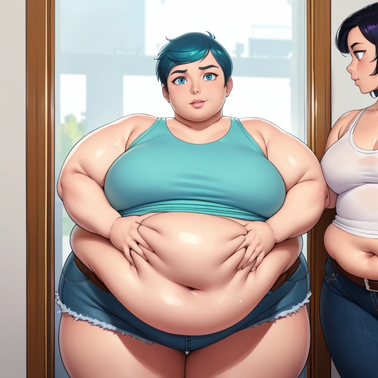 A mature motherly woman and her young adult daughter in bikinis, massive bloated overstuffed very heavy belly, hyper massive fat tall wide round heavy heart shaped bubble butt, very wide fat hips, massive fat round long very heavy breasts, deep long cleavage, weight gain, deep navel, from slightly behind, looking back, smiling, blushing, sexy pose, showing off her massive heavy fat round ass,