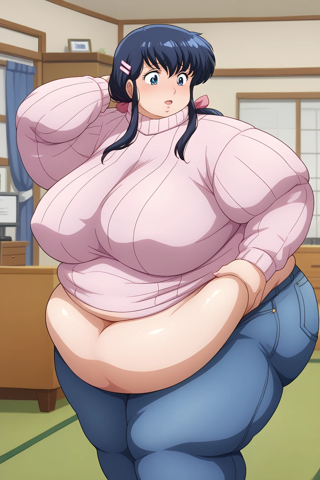 Otonashi Kyoko, Kyoko Otonashi　Maison Ikkoku,  long hair, 紺色の髪,low ponytail,  pink barrette ribbon, Dark blue eyes,, pink sweater , Blue jeans, Japanese-style room,milf,  embarrassing expression , troubled expression,Huge saggy breasts, sloppy stomach, score_9, score_8_ up、 score_7_ up、 score_6_ up、 score_5_ up、 score_4_ up、 masterpiece、 top quality 、 very aesthetic、 absurd, source ,  anime screencap, one woman、Alone、 personal , (fat boobs, fat belly, fat ass), Curvy、 chubby,  obese 、